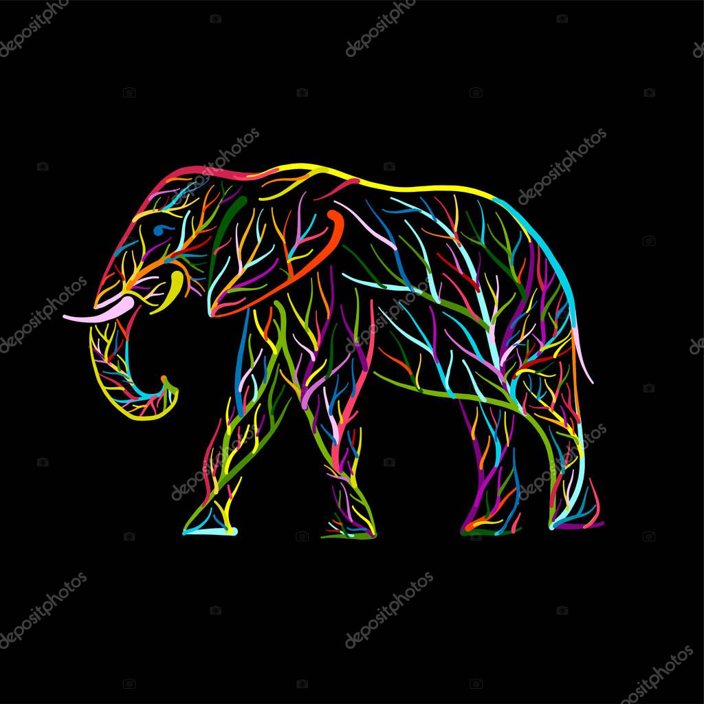 Elephant shape made from tree branches. Vector design sketch