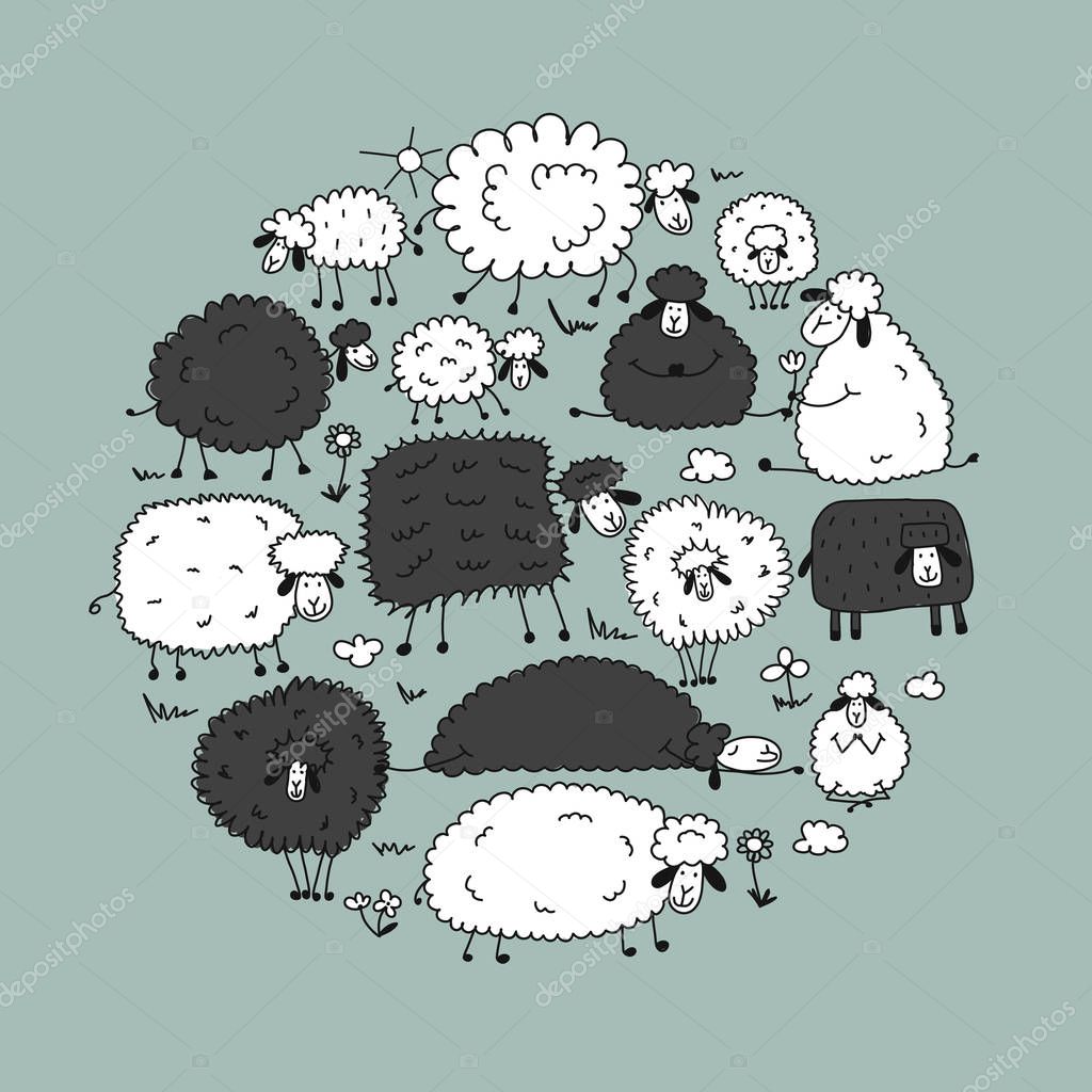Funny sheeps, sketch for your design. Vector illustration