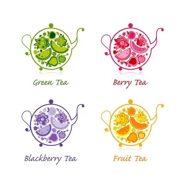 Theepot schets met fruit en bessen thee voor uw ontwerp — Stockvector