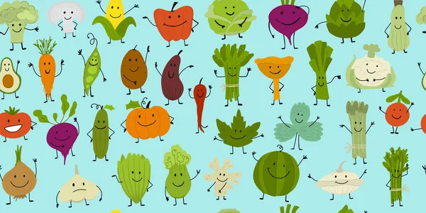 Légumes et légumes souriants drôles, personnages pour votre design. Modèle sans couture — Image vectorielle