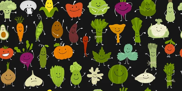 Légumes et légumes souriants drôles, personnages pour votre design. Modèle sans couture — Image vectorielle