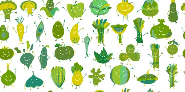 Komik gülümseyen sebze ve yeşillik, tasarım için karakterler. Dikişsiz desen — Stok Vektör