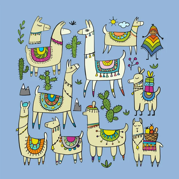 Cute collection de lamas pour votre design — Image vectorielle