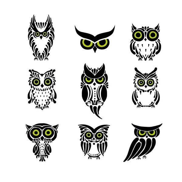 Kolekcja cute Owls, czarna sylwetka dla Twojego projektu — Wektor stockowy