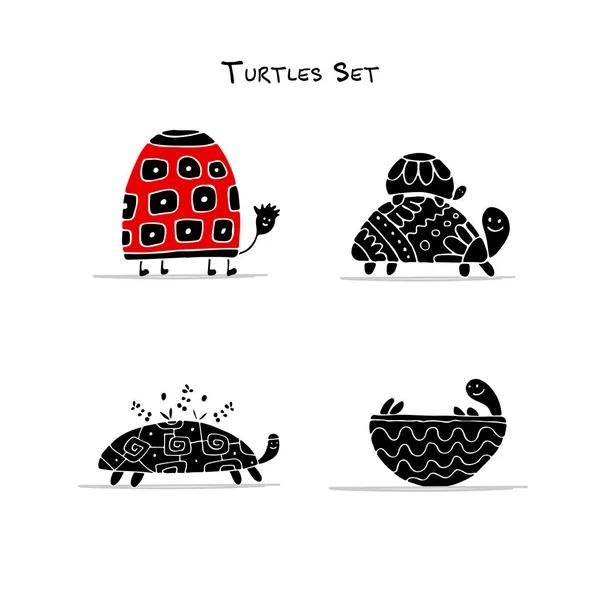 Set di tartarughe divertenti, schizzo per il tuo design — Vettoriale Stock