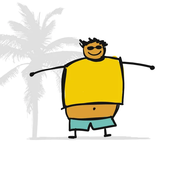 Hombre gordo en la playa, boceto para tu diseño — Vector de stock
