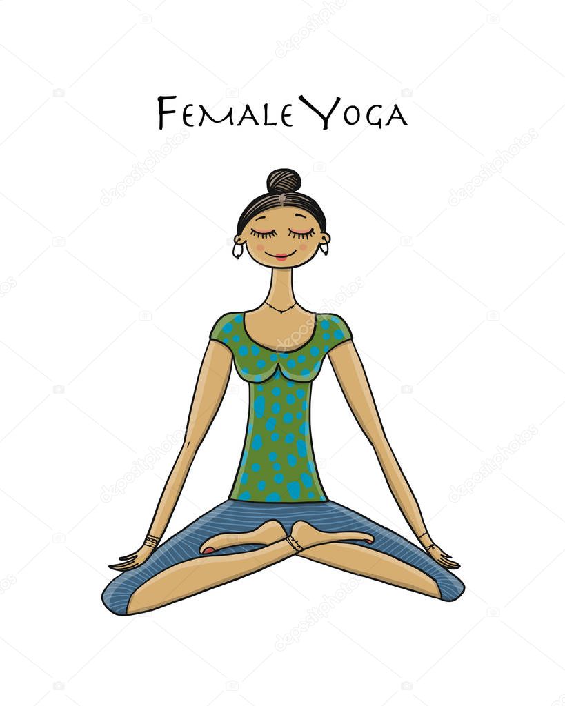 Young girl in lotus position. Padmasana women meditation. Sketch for your design
