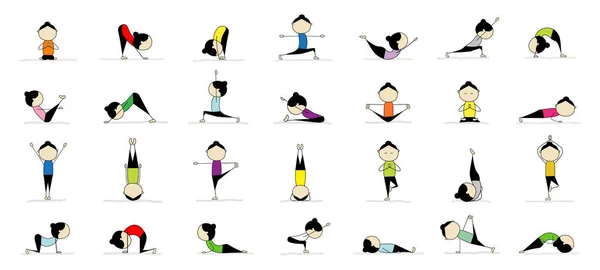 Mujer practicando yoga, 25 poses para tu diseño — Archivo Imágenes Vectoriales