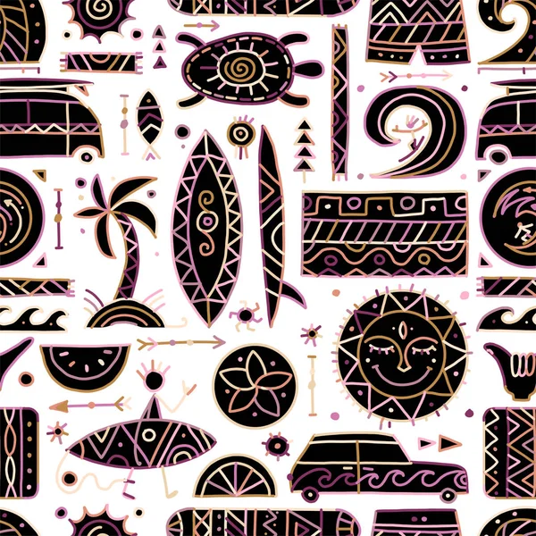 Surfing seamless pattern. Tribal elements for your design — Stock Vector