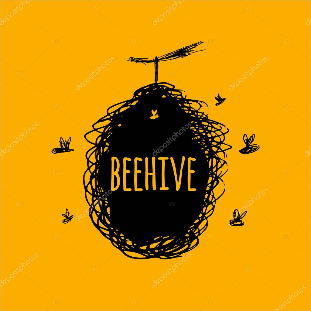 Beehive with bees, sketch, art for your design. Vector illustration