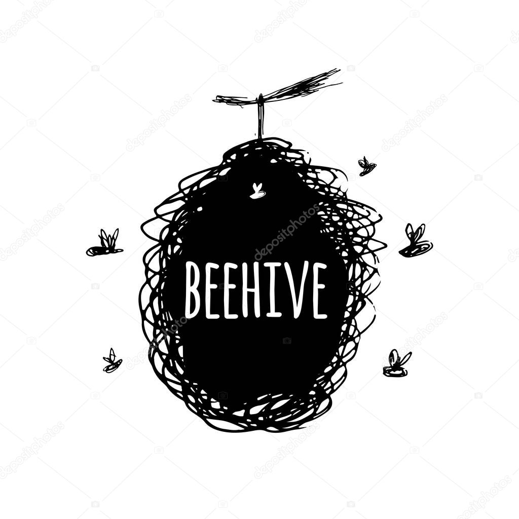 Beehive with bees, sketch, art for your design. Vector illustration