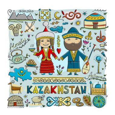 Kazakistan'a seyahat edin. Tasarımınız için tebrik kartı