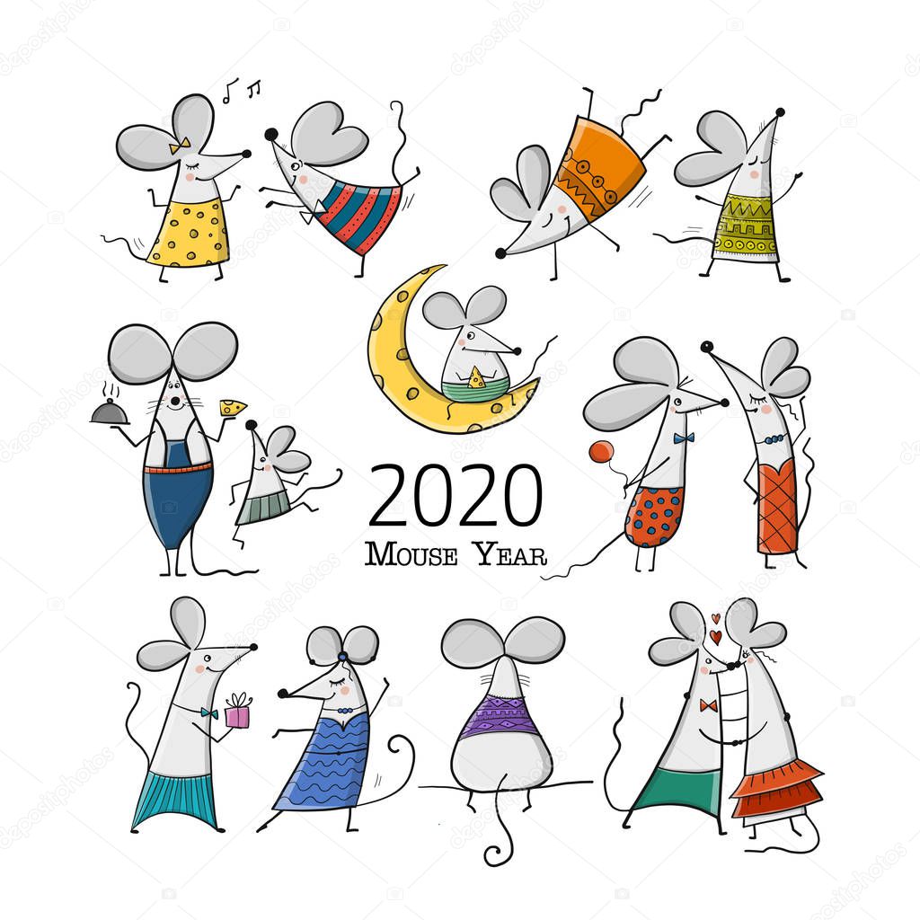 Funny mouses, symbol of 2020 year. Banner for your design