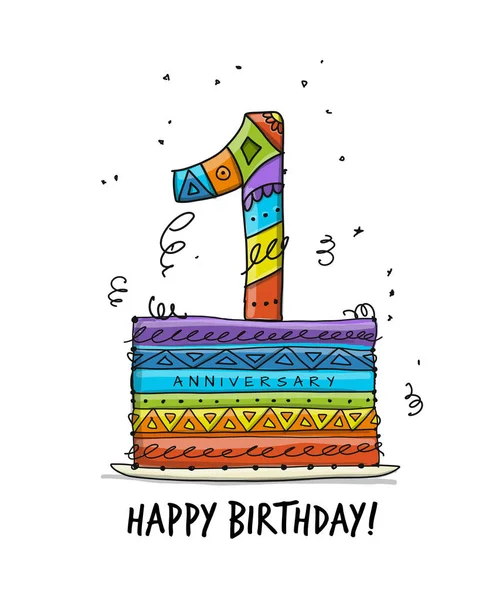 Celebración del 1º aniversario. Plantilla de tarjeta de felicitación, Número en pastel — Vector de stock
