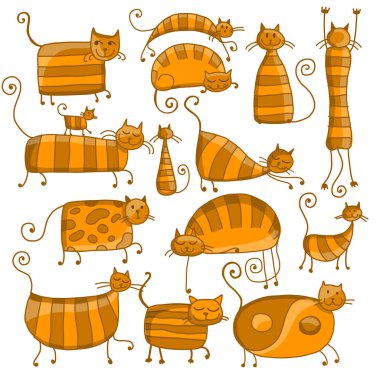 Tasarımınız için sevimli çizgili kediler aile, kroki