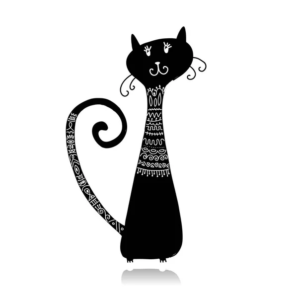 Czarny kot w przytulnym sweter, szkic do projektowania — Wektor stockowy