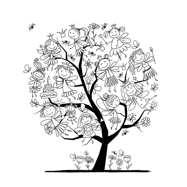 Дерево з милими маленькими феями, розмальовка сторінка для вашого дизайну — стоковий вектор