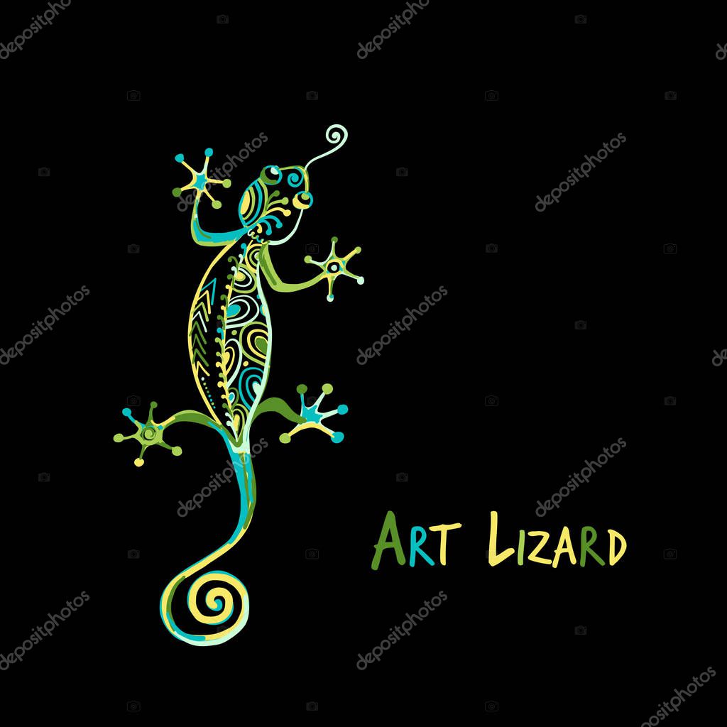 Ornate lizard green isolated on black for your design. Vector illustration