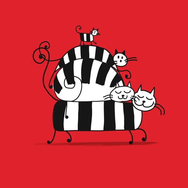 Familia de gatos con gatitos, boceto para tu diseño — Vector de stock