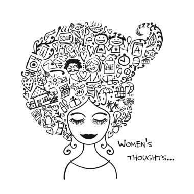 Güncel olaylar hakkında kafa kadın düşünceleri. Tasarımınız için çizim