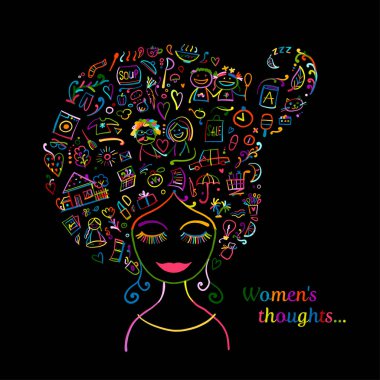 Güncel olaylar hakkında kafa kadın düşünceleri. Tasarımınız için çizim