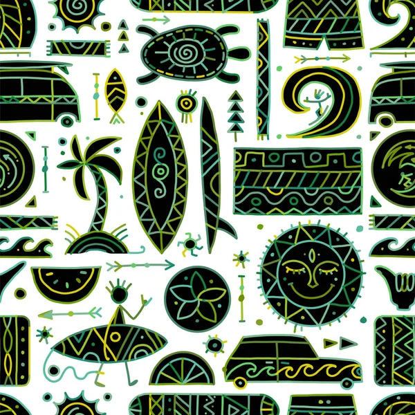 Patrón de surf sin costuras. Elementos tribales para su diseño — Archivo Imágenes Vectoriales