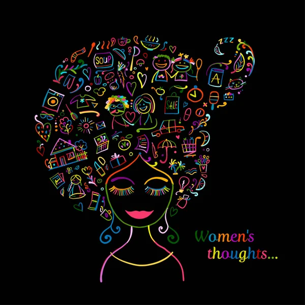 Güncel olaylar hakkında kafa kadın düşünceleri. Tasarımınız için çizim