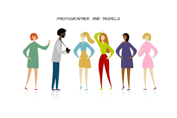 Fiesta de chicas con fotógrafo. Personajes divertidos — Archivo Imágenes Vectoriales
