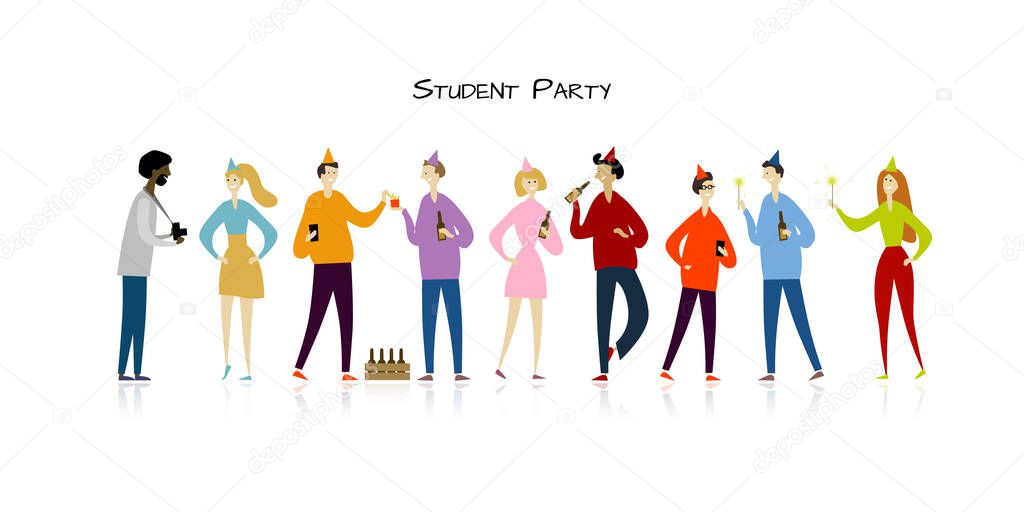 Student party with friends. Funny people characters