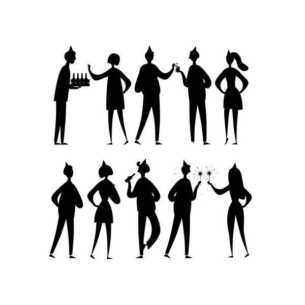 Soirée étudiante entre amis, garçons et filles. Des personnages drôles. Silhouettes pour votre design — Image vectorielle