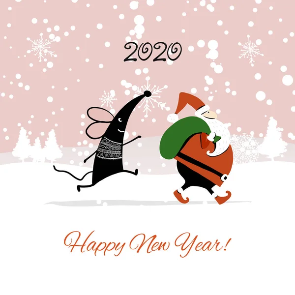 Cartão de Natal com mouse engraçado e Santa na floresta de inverno, símbolo do ano 2020 —  Vetores de Stock