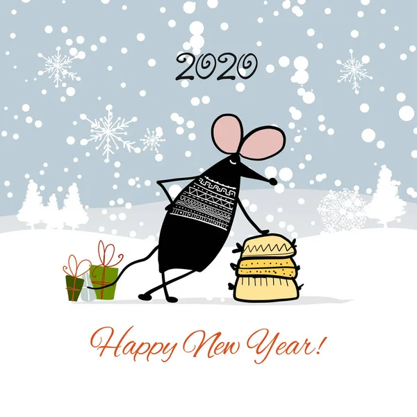 Cartão de Natal com mouse engraçado na floresta de inverno, símbolo do ano 2020 —  Vetores de Stock