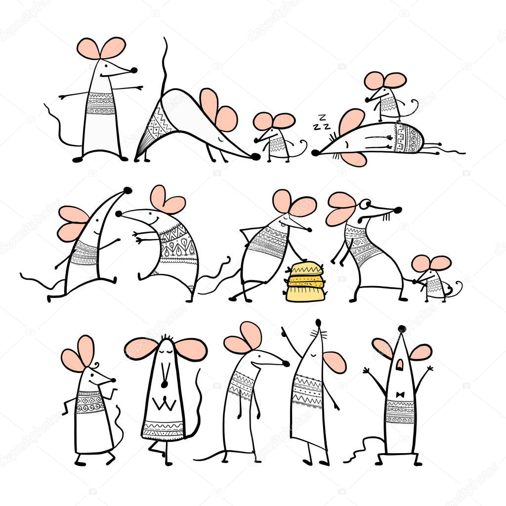 Funny white mouse family, symbol of 2020 year. Banner for your design