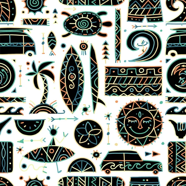 Patrón de surf sin costuras. Elementos tribales para su diseño — Archivo Imágenes Vectoriales