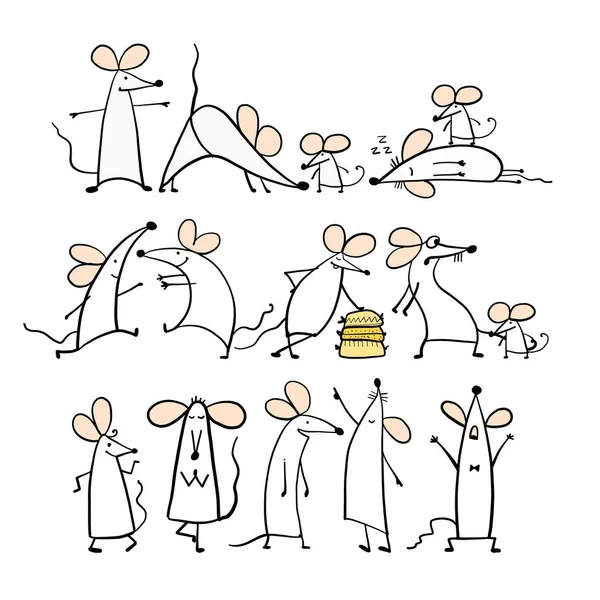 Komik beyaz fare ailesi, 2020 yılın sembolü. Tasarımınız için Banner — Stok Vektör