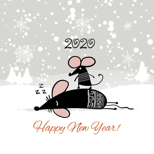 Cartão de Natal com mouse engraçado, símbolo de 2020 ano e porco, símbolo de 2019 —  Vetores de Stock