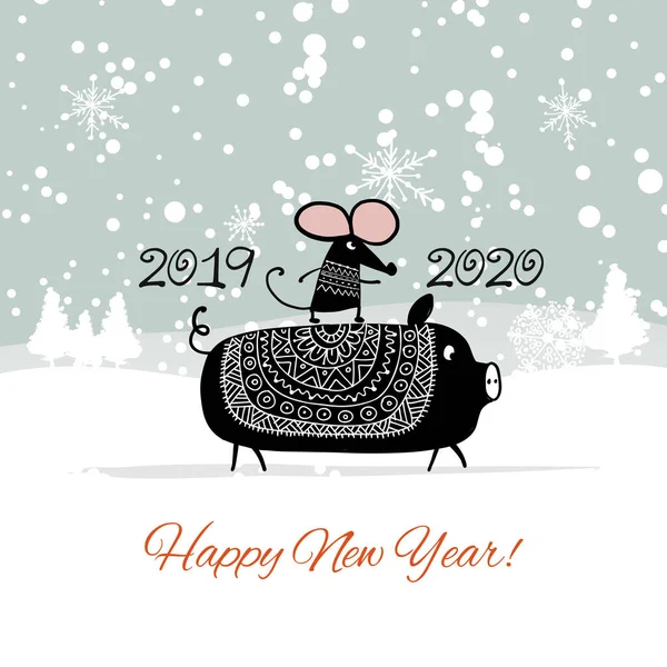 Christmas card with funny mouse, symbol of 2020 year and pig, symbol of 2019 — Stock Vector