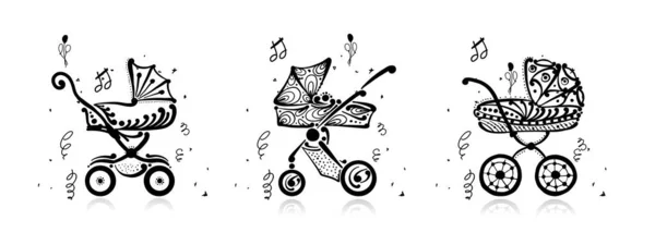 Baby carriages, ornate silhouette for your design — Stock Vector