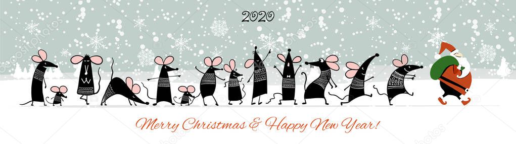 Christmas card with funny mouse and Santa in winter forest, symbol of 2020 year