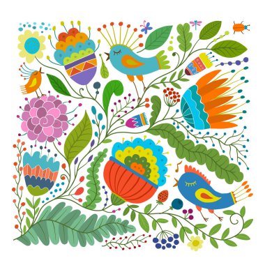 Kuşlu büyülü orman, tasarımın için arka plan.