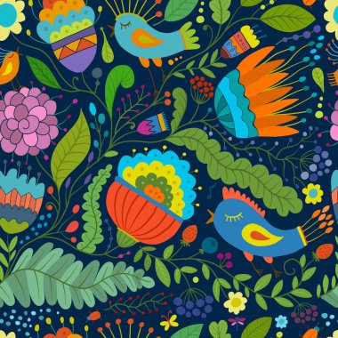 Kuşlu büyülü orman, tasarımın için kusursuz bir arka plan.