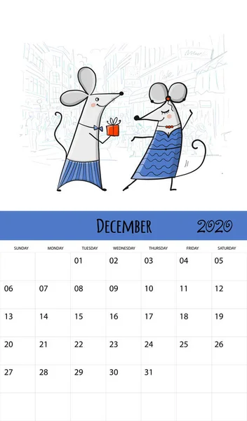 Ratones divertidos y viajes, símbolo de 2020 año. Diseño del calendario — Vector de stock