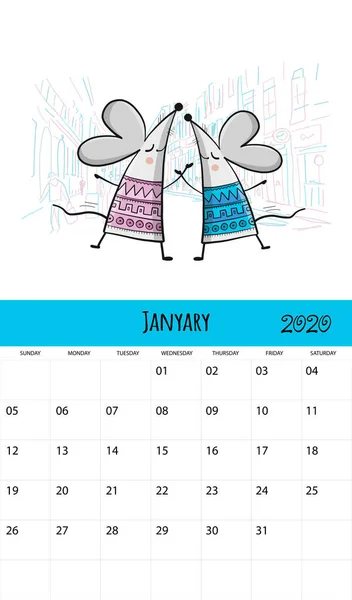 Ratos engraçados e viagens, símbolo de 2020 ano. Desenho do calendário — Vetor de Stock