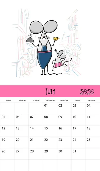 Ratones divertidos y viajes, símbolo de 2020 año. Diseño del calendario — Vector de stock