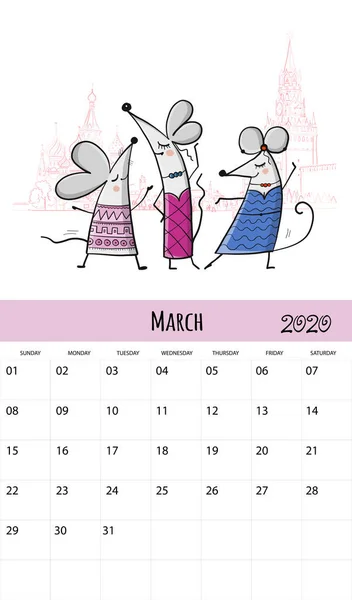 Mouse divertenti e viaggi, simbolo dell'anno 2020. Progettazione calendario — Vettoriale Stock