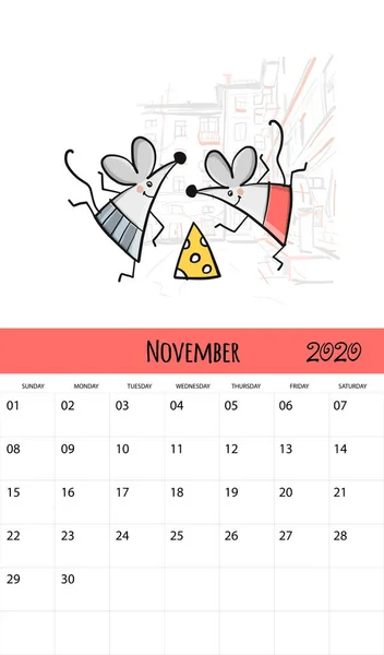Смешные мыши и путешествия, символ 2020 года. Календарь — стоковый вектор