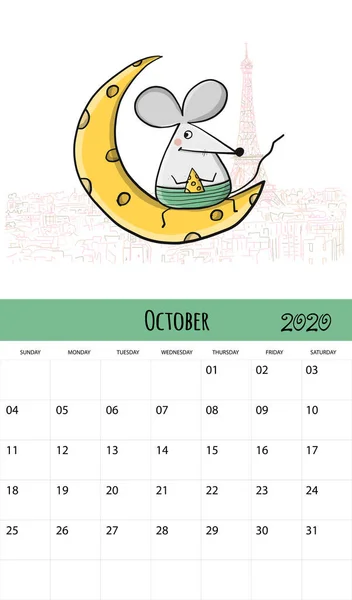 Mouse divertenti e viaggi, simbolo dell'anno 2020. Progettazione calendario — Vettoriale Stock