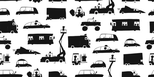 Baby toy cars collection, black silhouettes. Seamless pattern for fabric design — Stock Vector