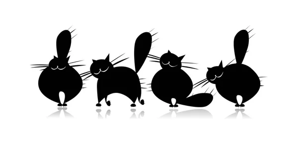 Famille de gros chats drôles, silhouette noire — Image vectorielle