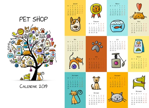 Collection animalerie, calendrier 2019 design — Image vectorielle